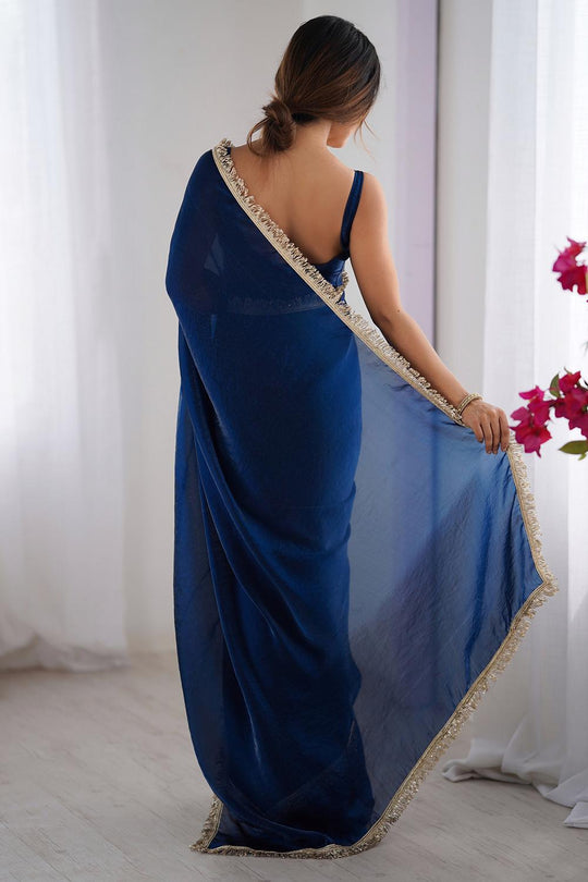 Simran Satin Teal Blue Embellished Ready to Wear Saree