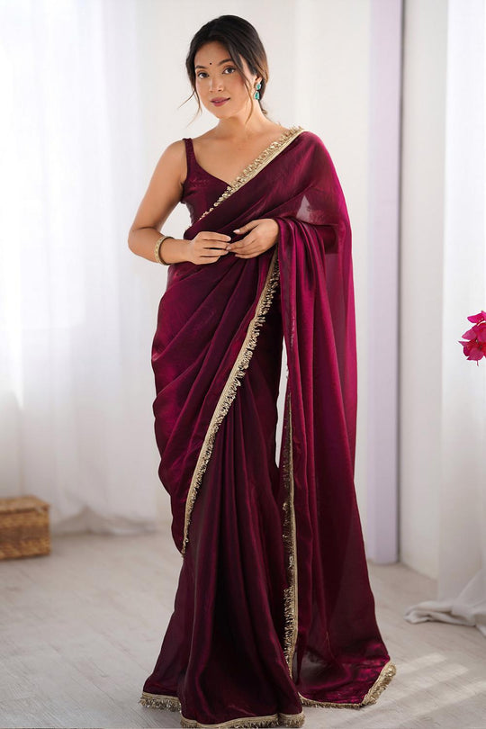Simran Satin Maroon Embellished Ready to Wear Saree
