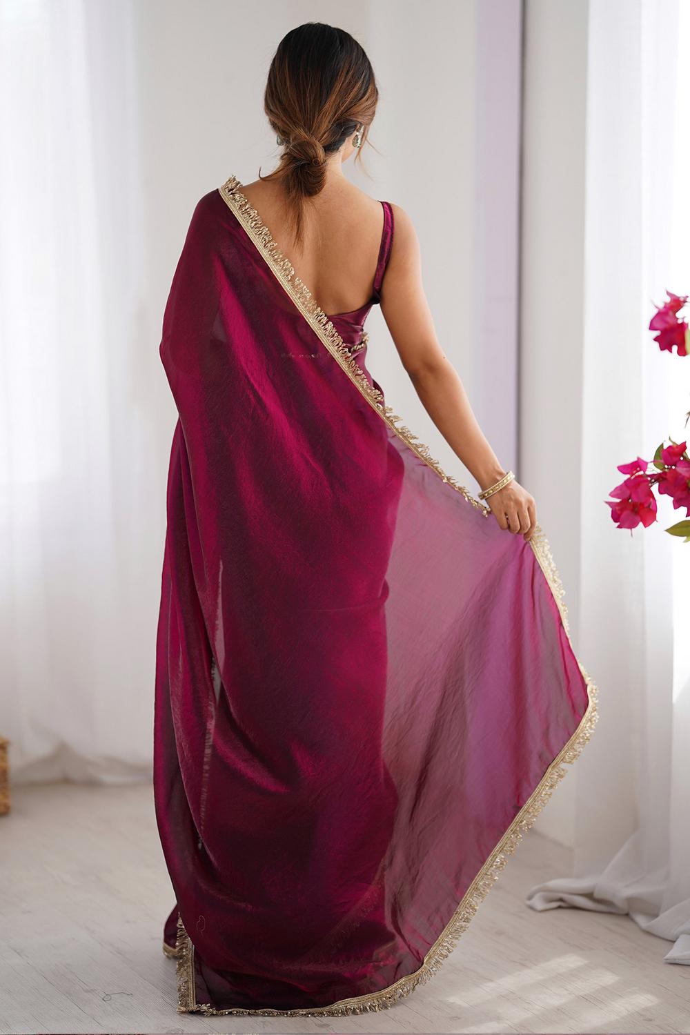 Simran Satin Maroon Embellished Ready to Wear Saree