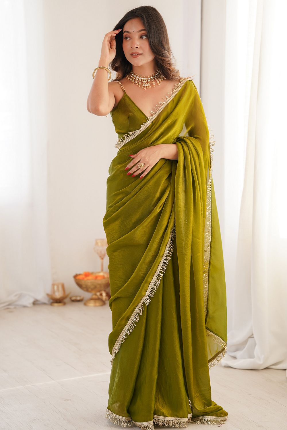 Malia Olive Green Satin Embellished Border Ready to Wear Saree