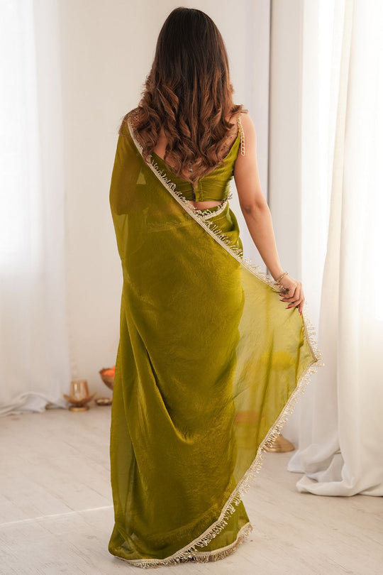 Malia Olive Green Satin Embellished Border Ready to Wear Saree