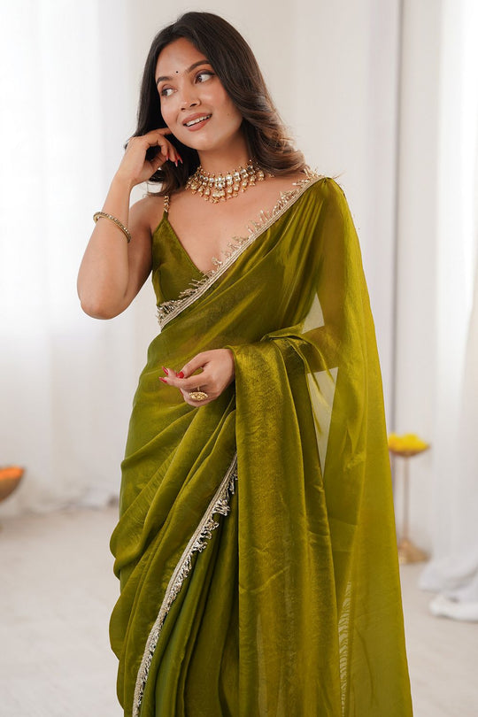 Malia Olive Green Satin Embellished Border Ready to Wear Saree