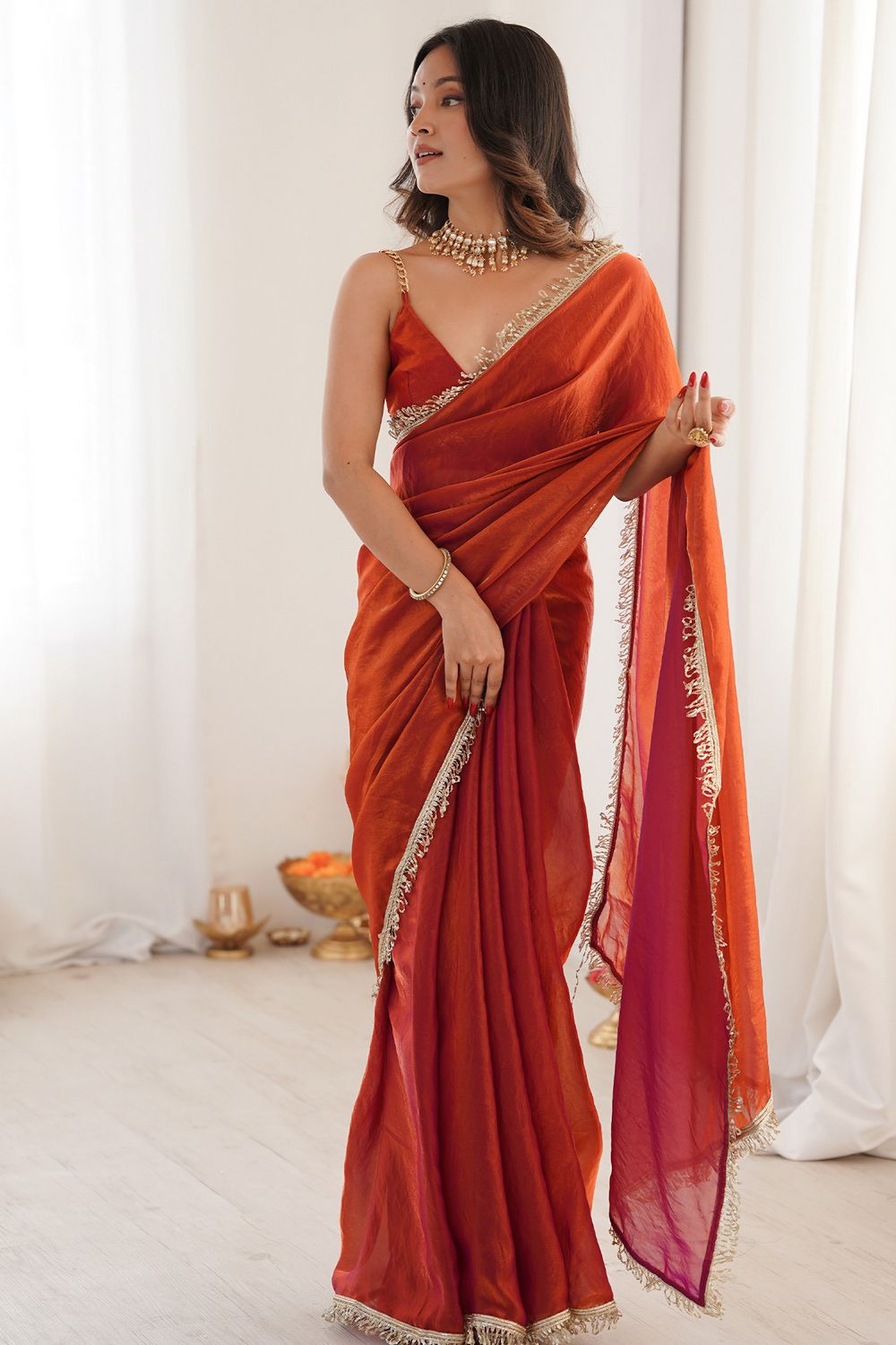 Malia Burnt Orange Satin Embellished Border Ready to Wear Saree