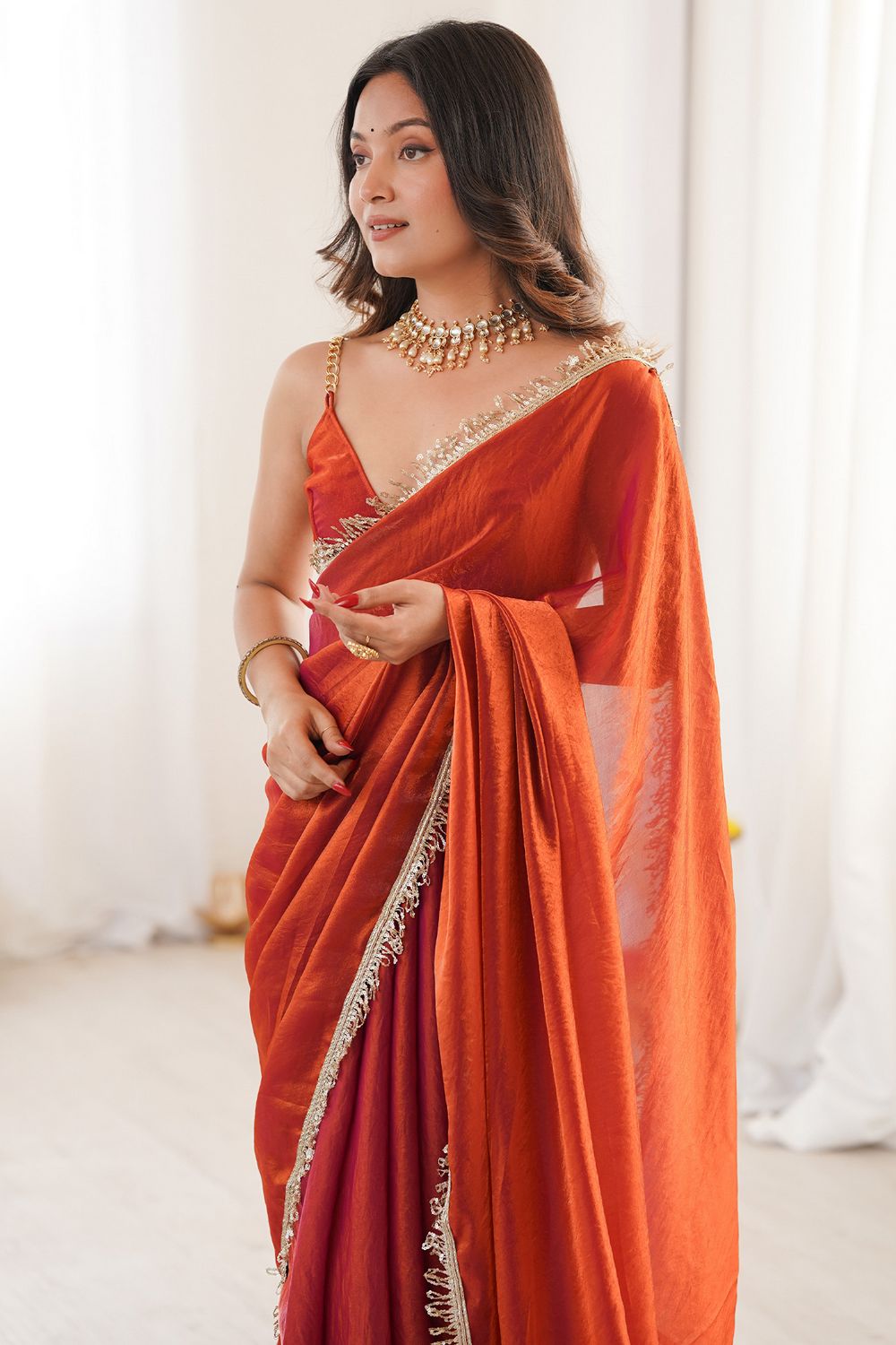 Malia Burnt Orange Satin Embellished Border Ready to Wear Saree