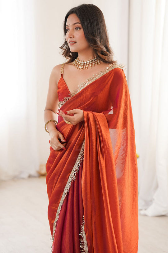 Malia Burnt Orange Satin Embellished Border Ready to Wear Saree
