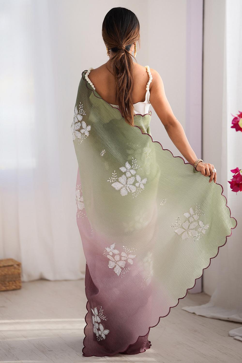 Pia Pista Green and Wine Chiffon Floral Sequin Embellished Ready to Wear Saree