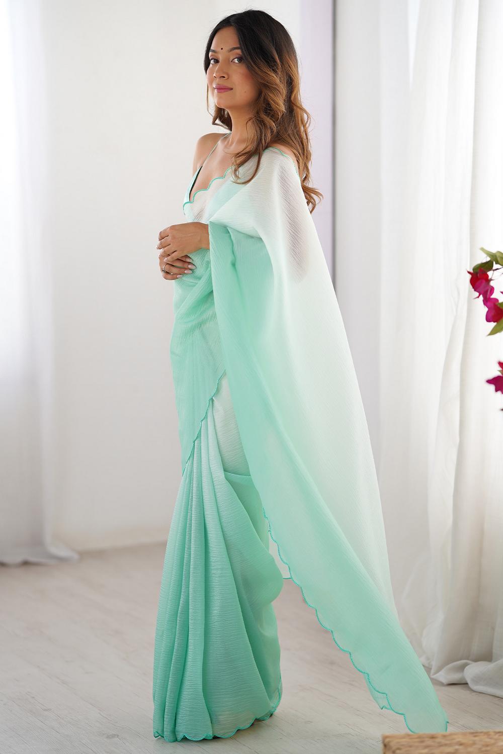 Hadil Sea Green Chiffon Embellished Ready to Wear Saree