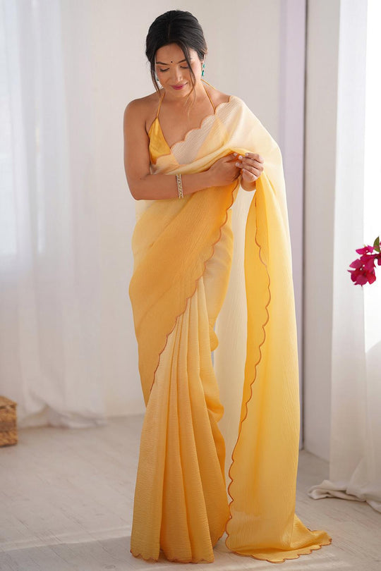 Hadil Yellow Chiffon Embellished Ready to Wear Saree