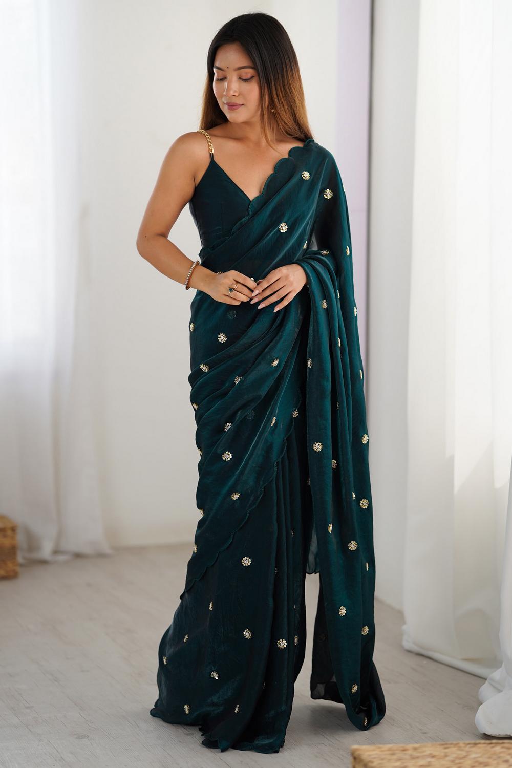 Adi Teal Green Satin Silk Sequin Embellished Ready to Wear Saree