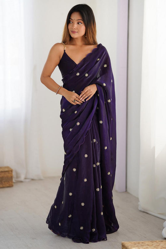 Adi Purple Satin Silk Sequin Embellished Ready to Wear Saree