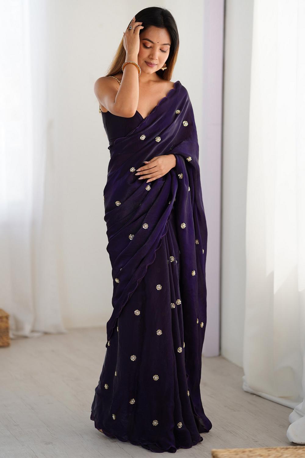 Adi Purple Satin Silk Sequin Embellished Ready to Wear Saree
