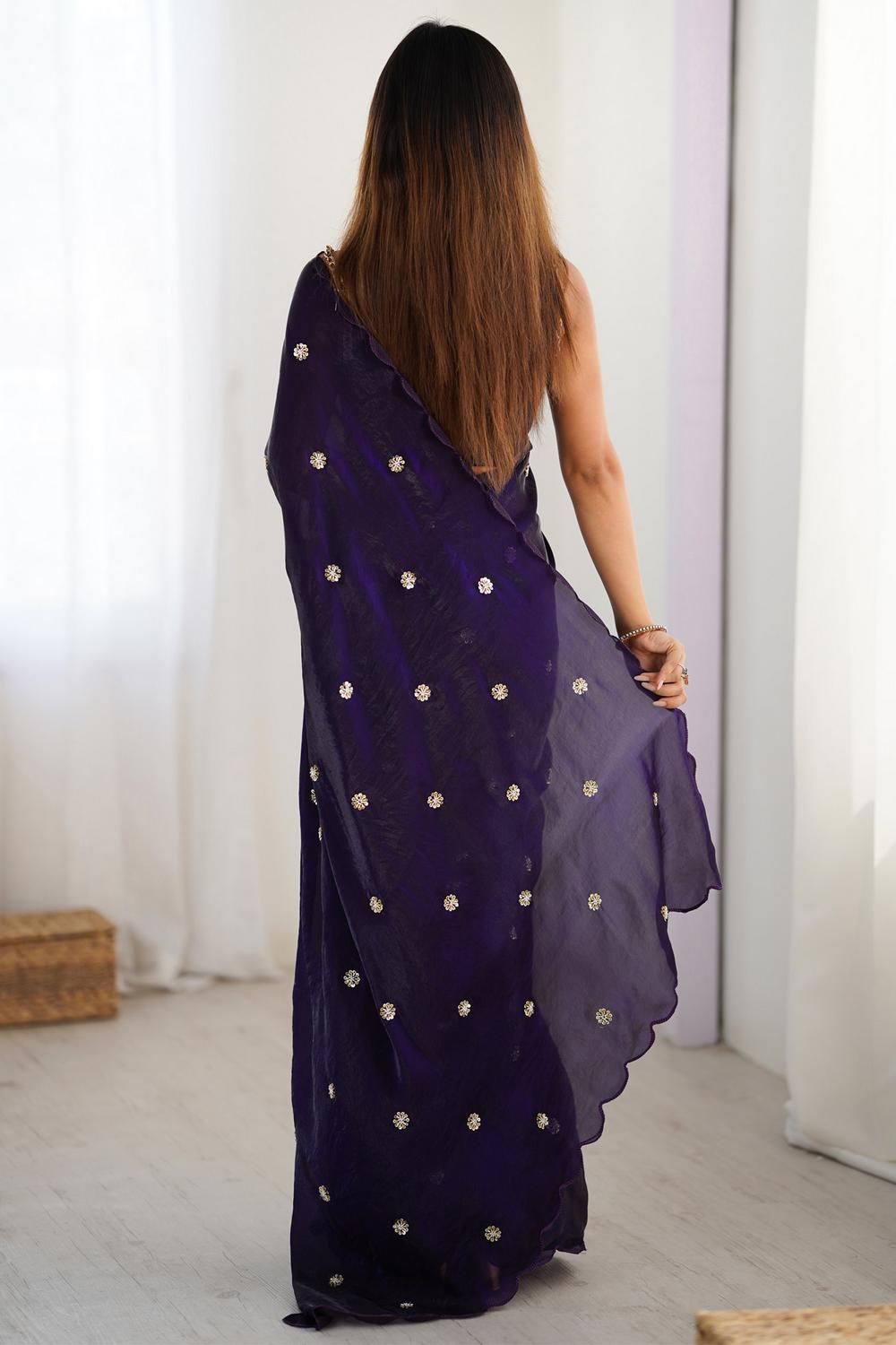 Adi Purple Satin Silk Sequin Embellished Ready to Wear Saree