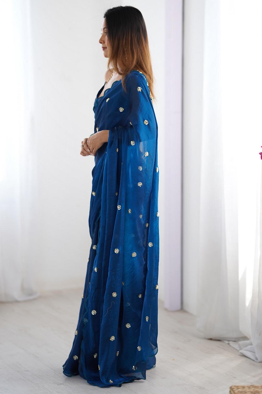 Adi Teal Blue Satin Silk Sequin Embellished Ready to Wear Saree