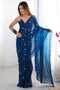 Adi Teal Blue Satin Silk Sequin Embellished Ready to Wear Saree