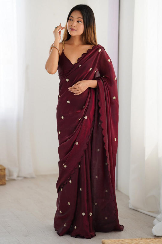 Adi Burgundy Satin Silk Sequin Embellished Ready to Wear Saree