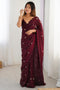 Adi Burgundy Satin Silk Sequin Embellished Ready to Wear Saree