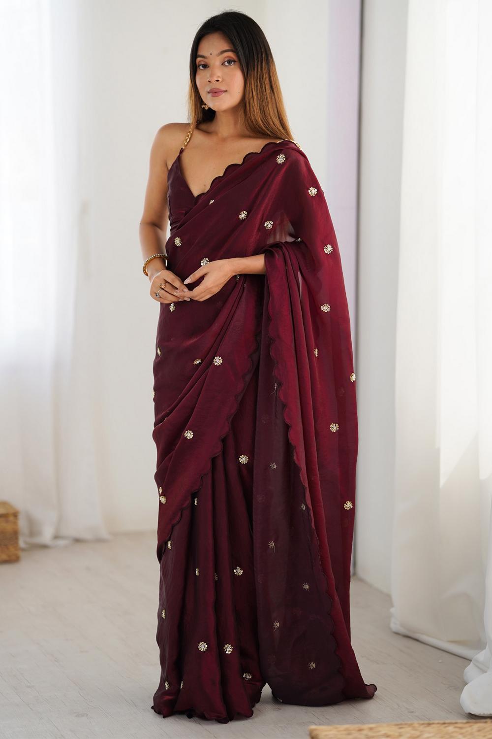 Adi Burgundy Satin Silk Sequin Embellished Ready to Wear Saree