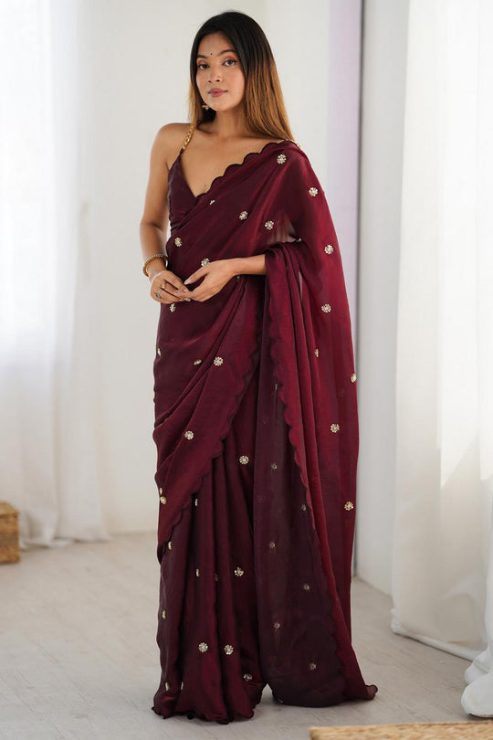 Adi Burgundy Satin Silk Sequin Embellished Ready to Wear Saree