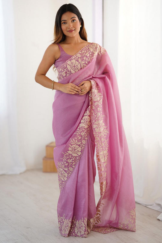 Dory Purple Tissue Floral Embroidered Ready to Wear Saree