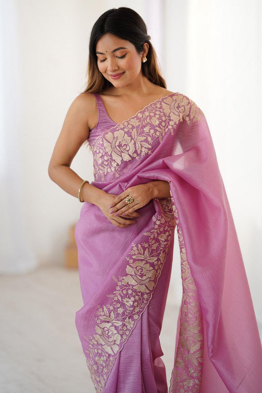 Dory Purple Tissue Floral Embroidered Ready to Wear Saree