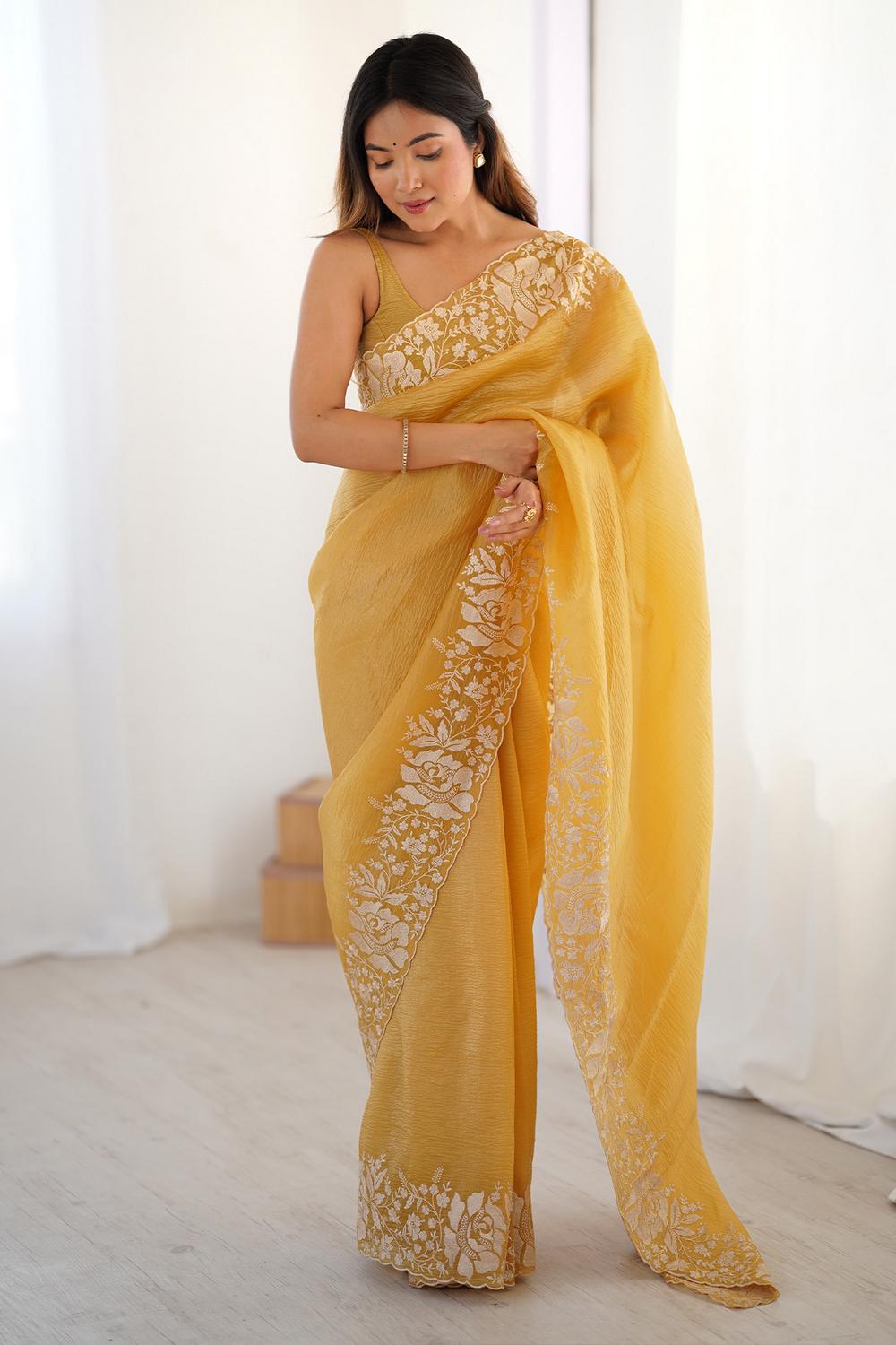 Dory Mustard Tissue Floral Embroidered Ready to Wear Saree