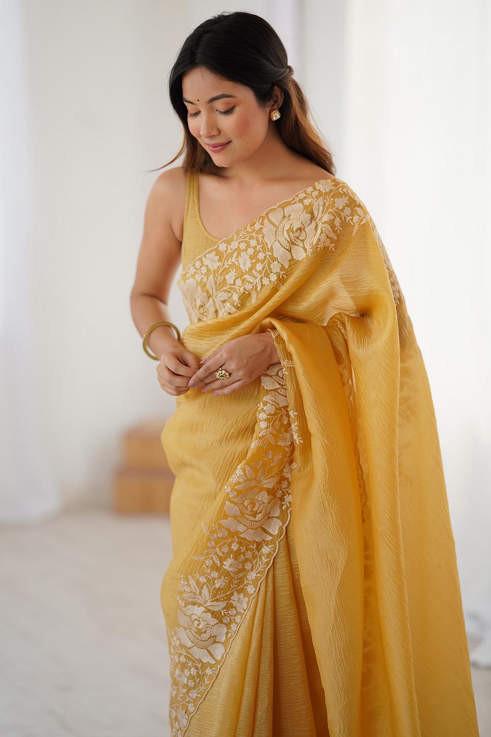 Dory Mustard Tissue Floral Embroidered Ready to Wear Saree