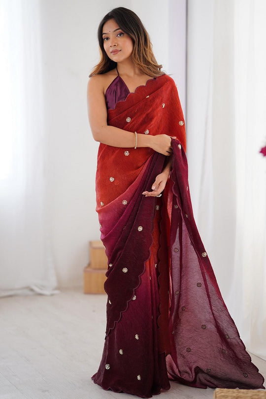 Trisha Rust Wine Ombre Tissue Zari Butti Ready to Wear Saree