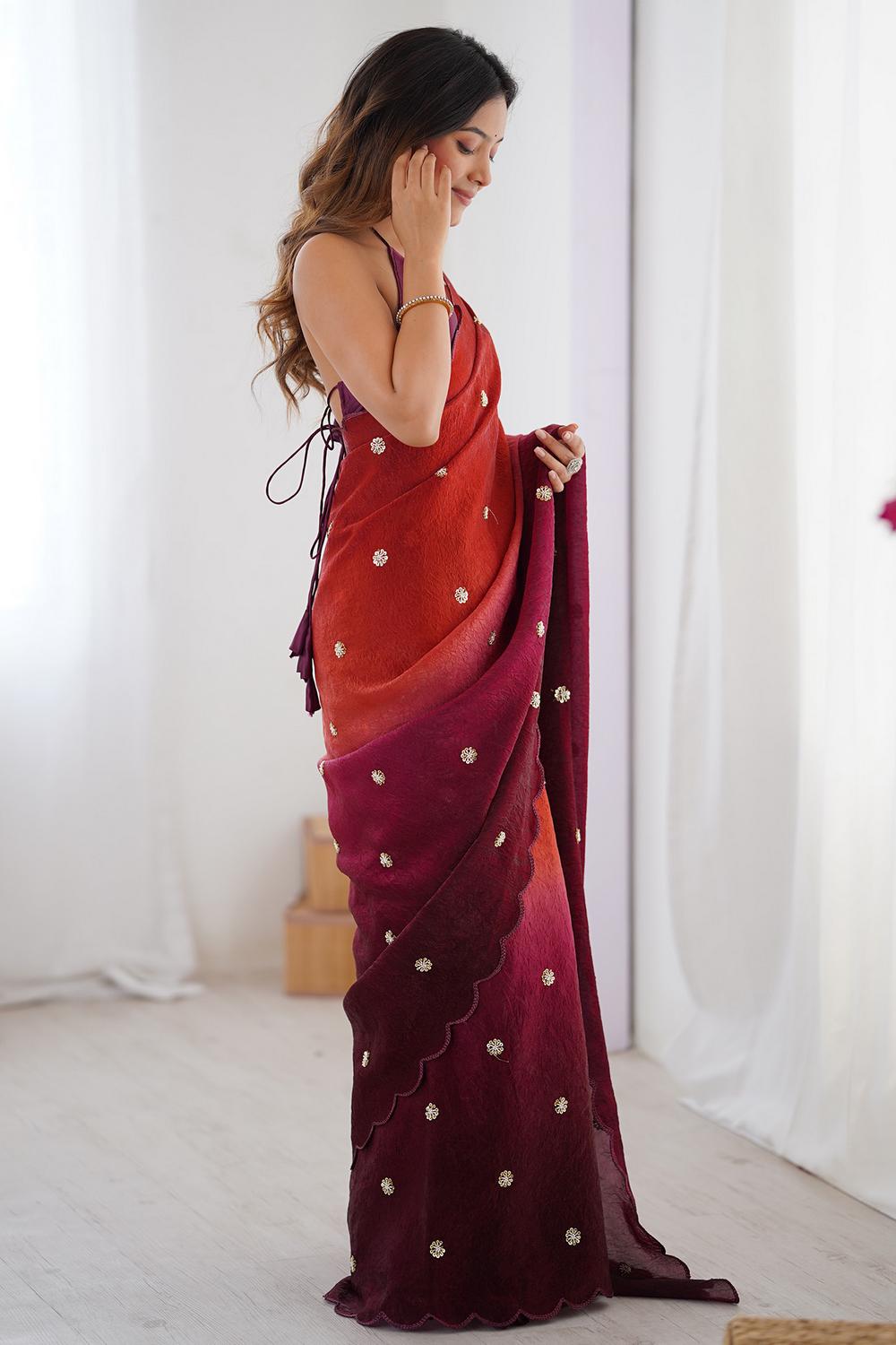 Trisha Rust Wine Ombre Tissue Zari Butti Ready to Wear Saree