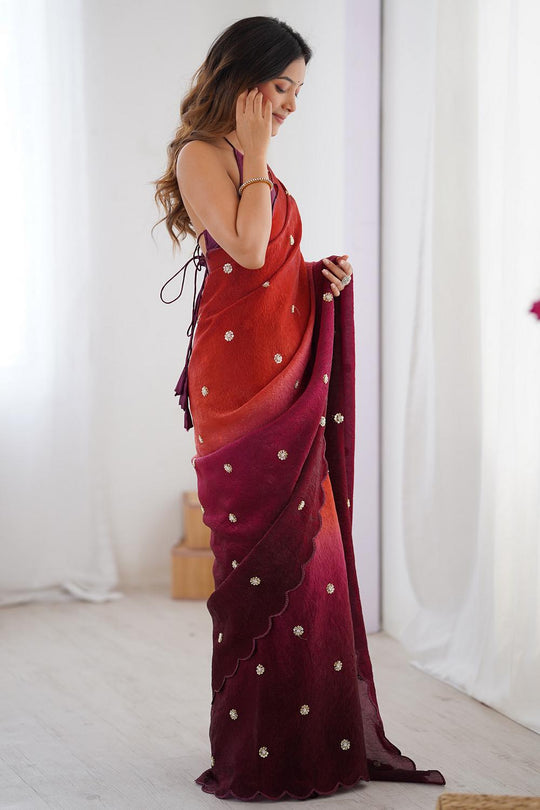 Trisha Rust Wine Ombre Tissue Zari Butti Ready to Wear Saree