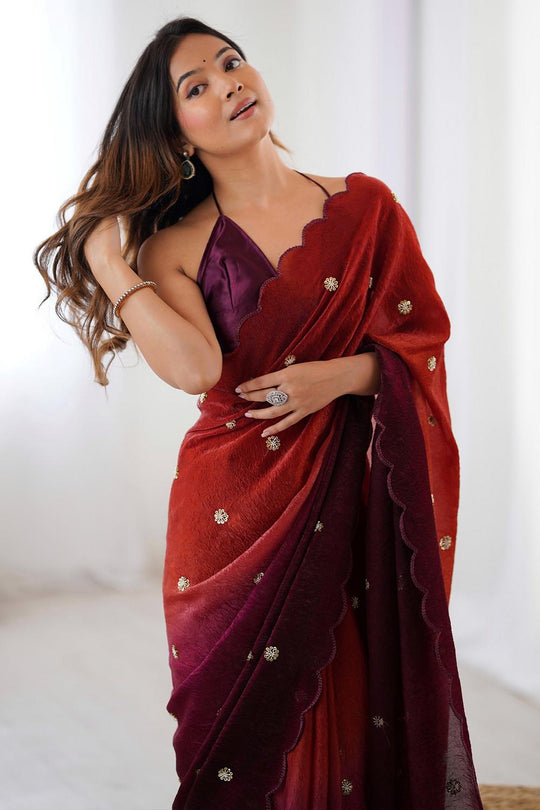 Trisha Rust Wine Ombre Tissue Zari Butti Ready to Wear Saree