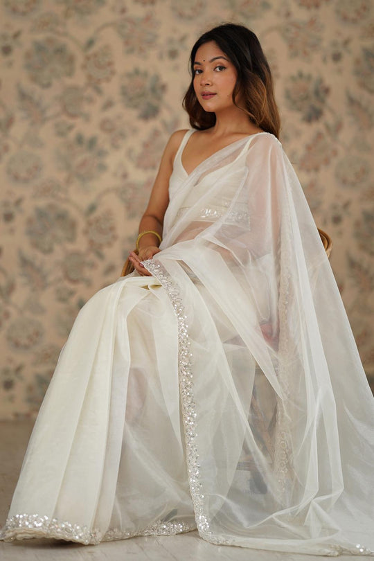 Sienna White Shimmery Net Cutdana Embellished Ready to Wear Saree