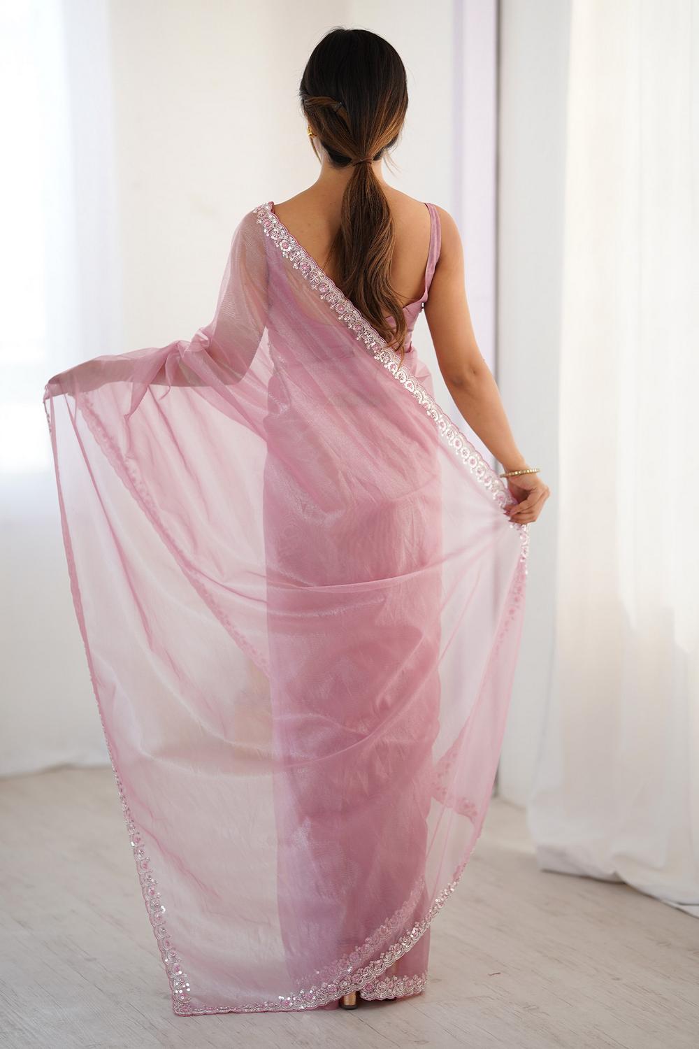 Sienna Pink Shimmery Net Cutdana Embellished Ready to Wear Saree