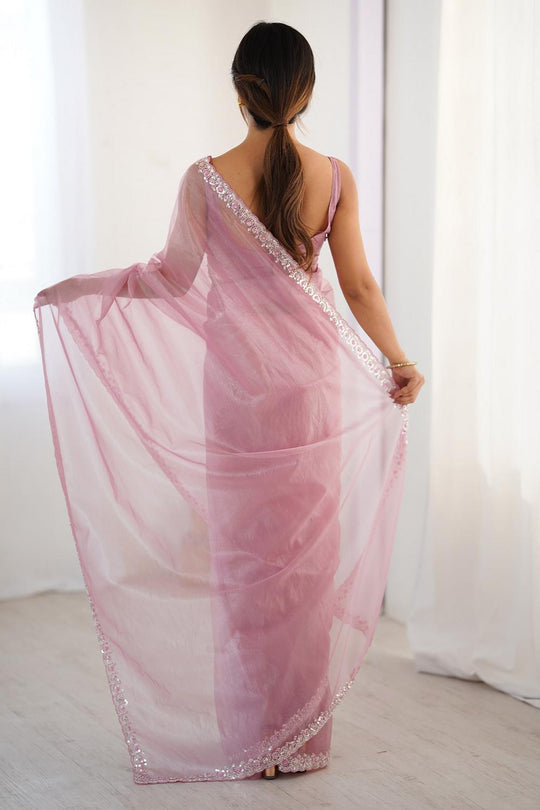 Sienna Pink Shimmery Net Cutdana Embellished Ready to Wear Saree
