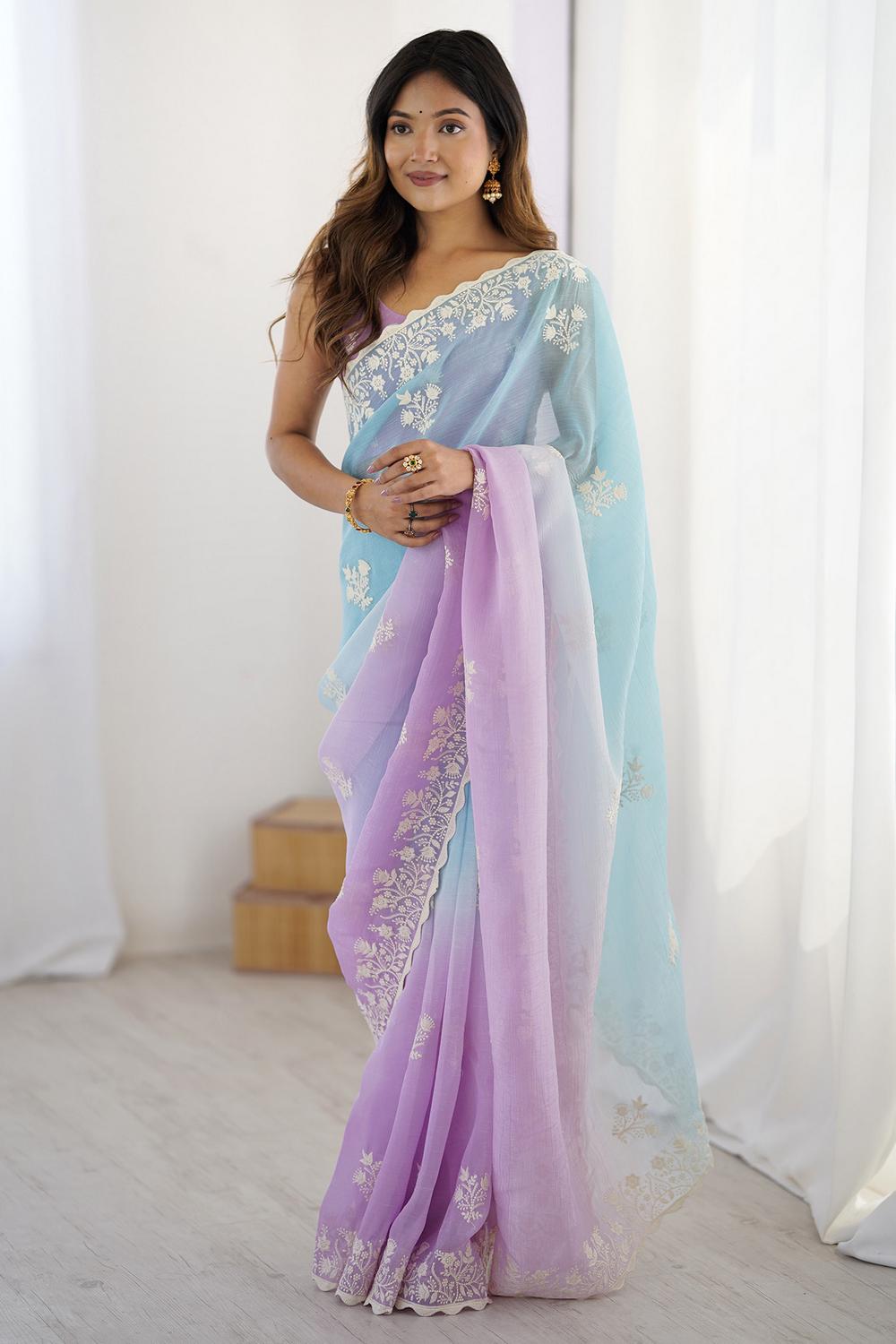 Opal Blue and Lavender Tissue Embroidered Border Ready to Wear Saree