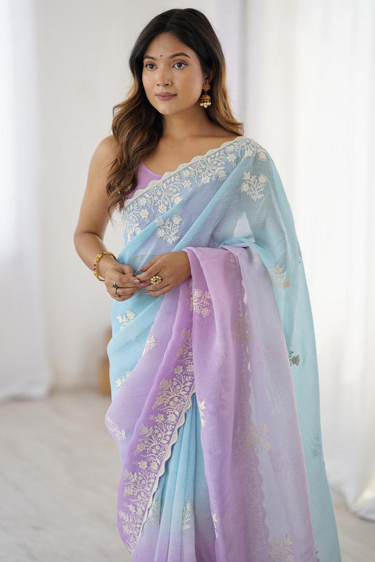 Opal Blue and Lavender Tissue Embroidered Border Ready to Wear Saree