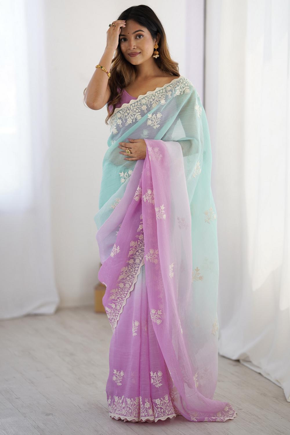 Opal Turquoise and Purple Tissue Embroidered Border Ready to Wear Saree