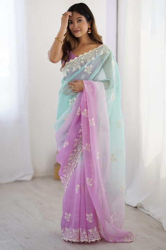 Opal Turquoise and Purple Tissue Embroidered Border Ready to Wear Saree