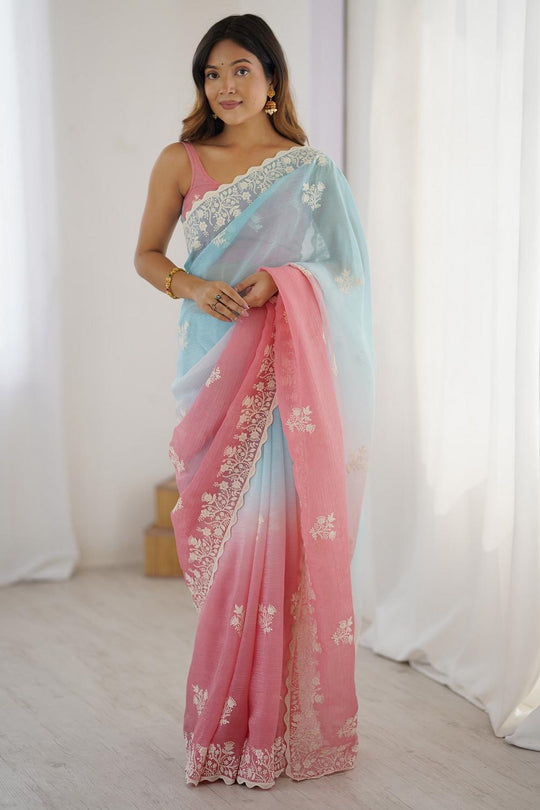 Opal Light Blue  and Mauve Tissue Embroidered Border Ready to Wear Saree