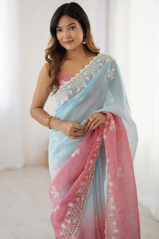 Opal Light Blue  and Mauve Tissue Embroidered Border Ready to Wear Saree