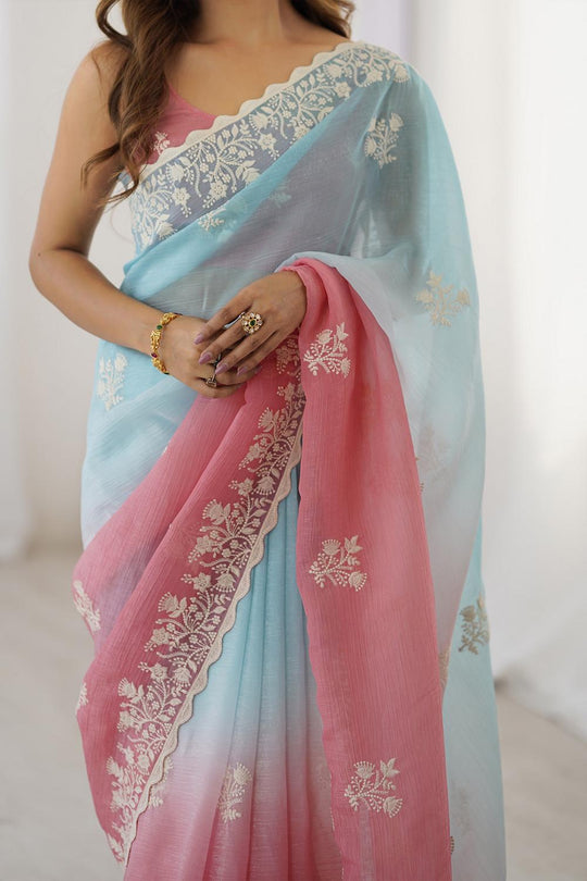 Opal Light Blue  and Mauve Tissue Embroidered Border Ready to Wear Saree