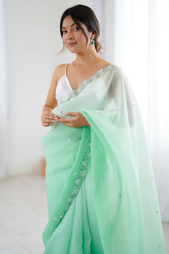 Paula Mint Green Chiffon Embellished Border Ready to Wear Saree