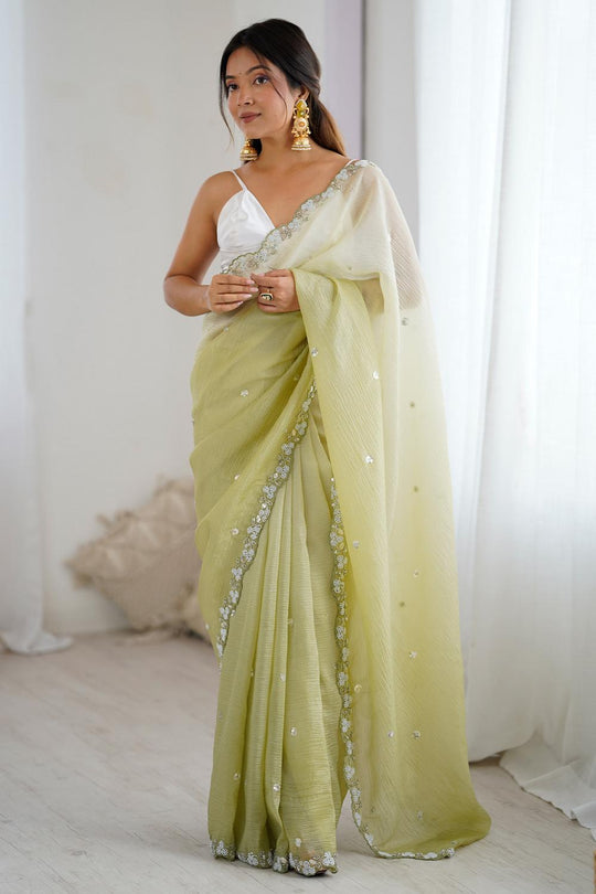 Paula Olive Chiffon Embellished Border Ready to Wear Saree
