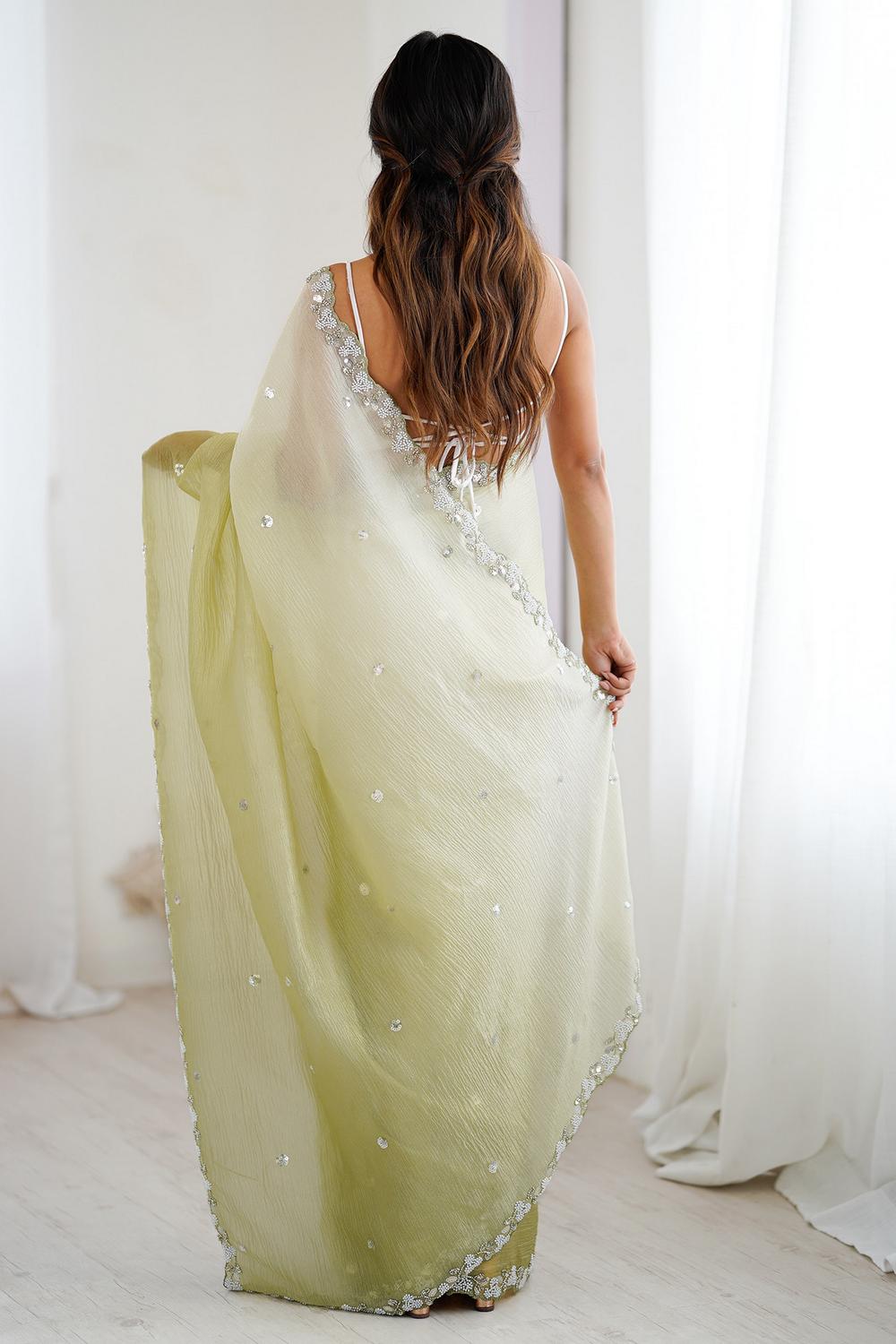 Paula Olive Chiffon Embellished Border Ready to Wear Saree