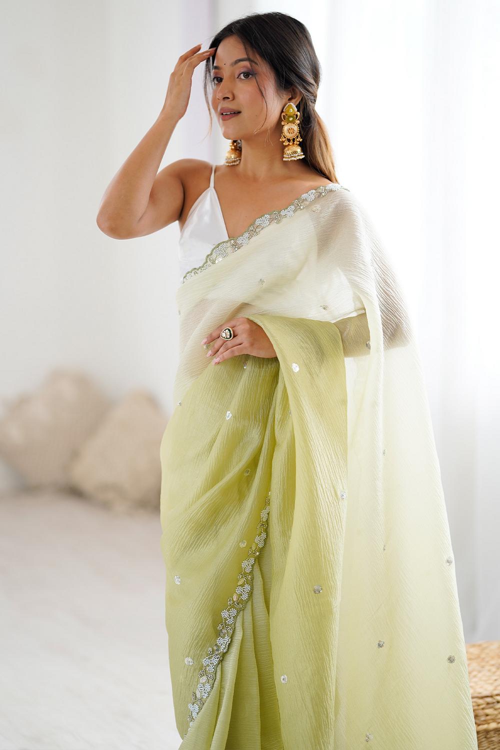 Paula Olive Chiffon Embellished Border Ready to Wear Saree