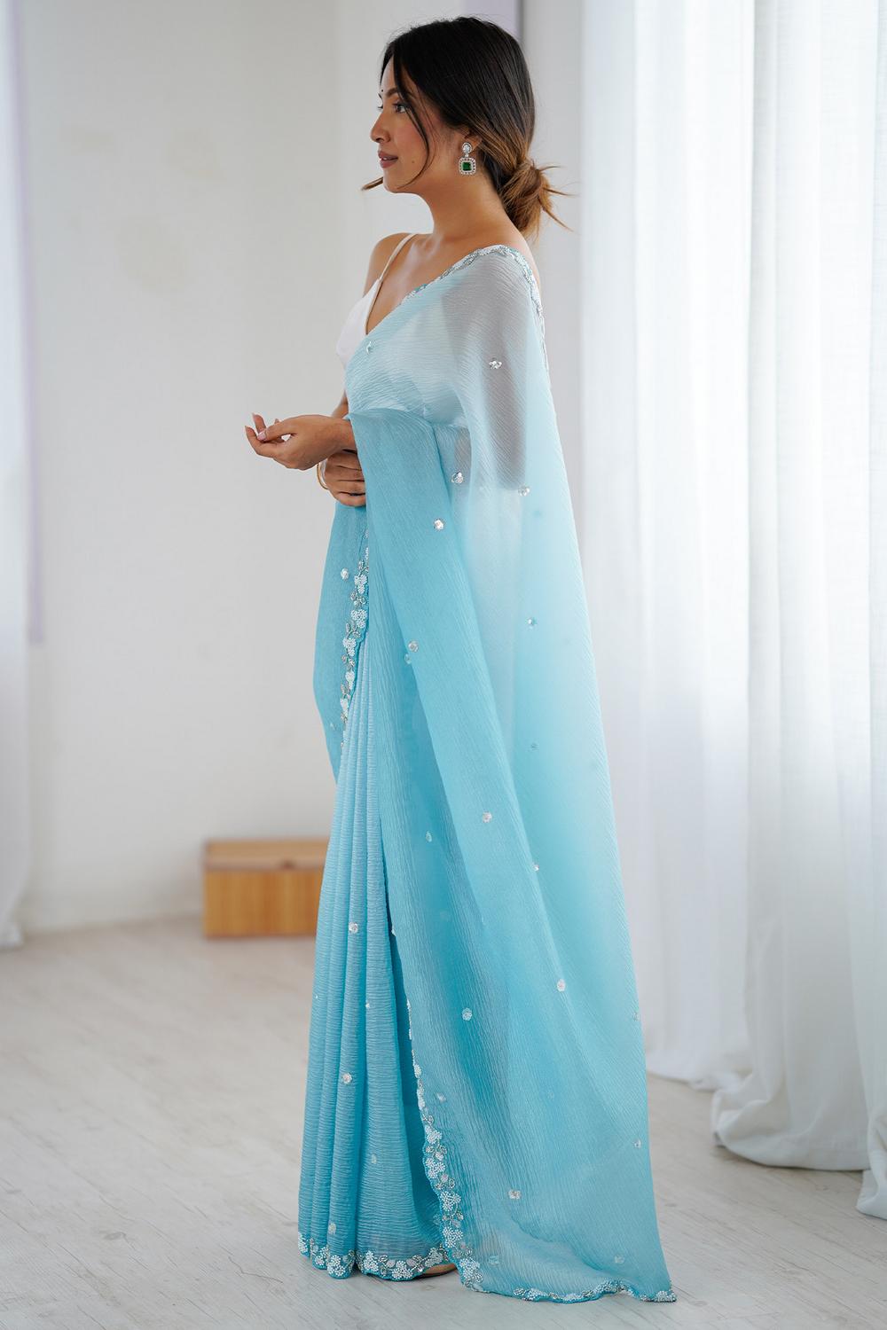 Paula Light Blue Chiffon Embellished Border Ready to Wear Saree
