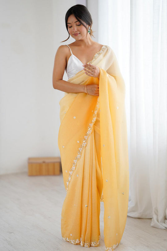 Paula Yellow Chiffon Embellished Border Ready to Wear Saree