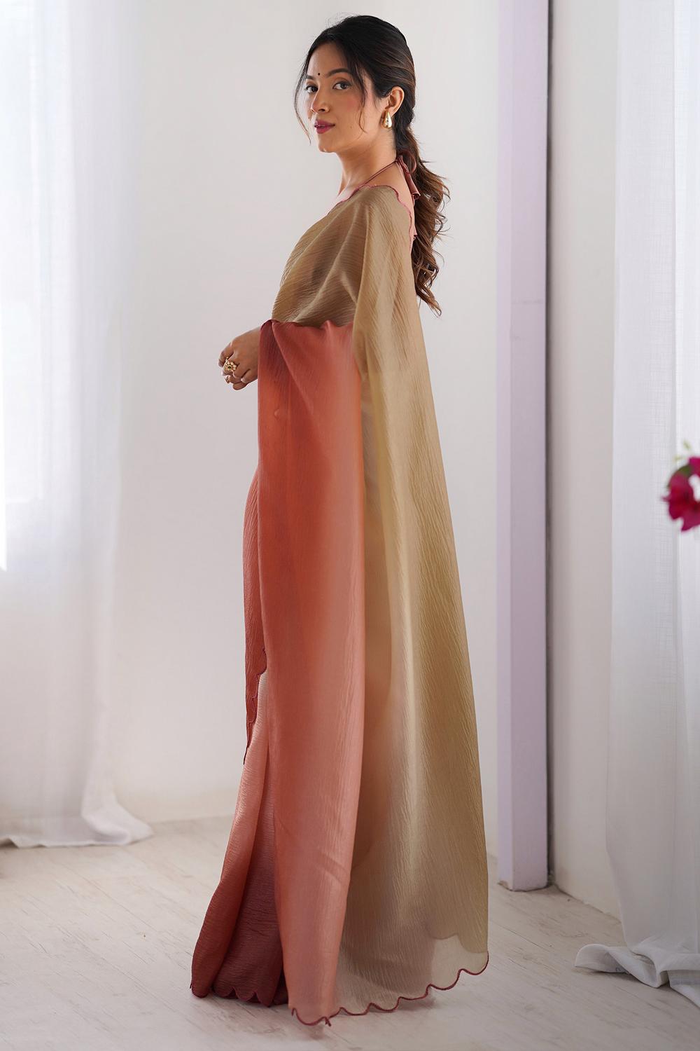 Ophelia Beige and Rust Ombre Chiffon Embroidered Ready to Wear Saree