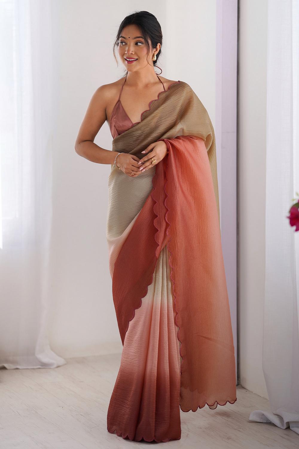 Ophelia Beige and Rust Ombre Chiffon Embroidered Ready to Wear Saree