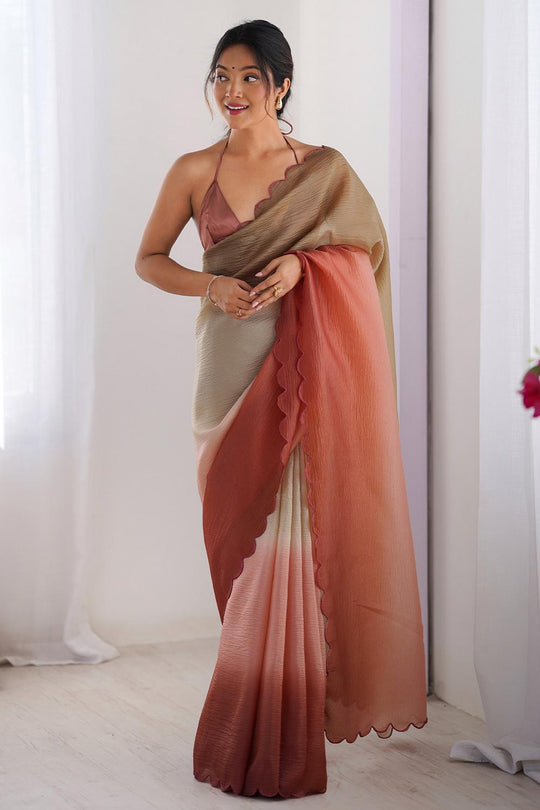 Ophelia Beige and Rust Ombre Chiffon Embroidered Ready to Wear Saree