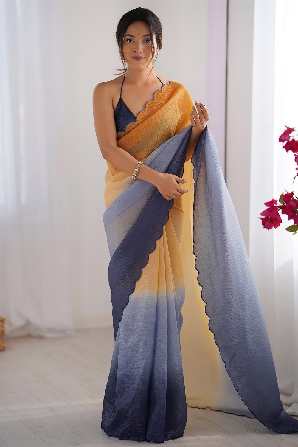 Ophelia Mustard and Grey Ombre Chiffon Embroidered Ready to Wear Saree